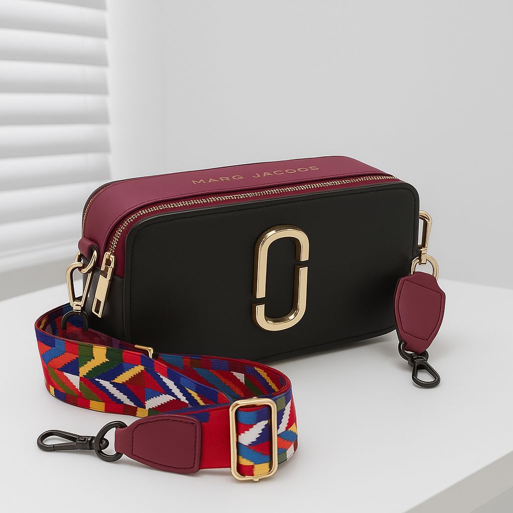 Black handbag with a colorful strap by Marc Jacobs on a white background